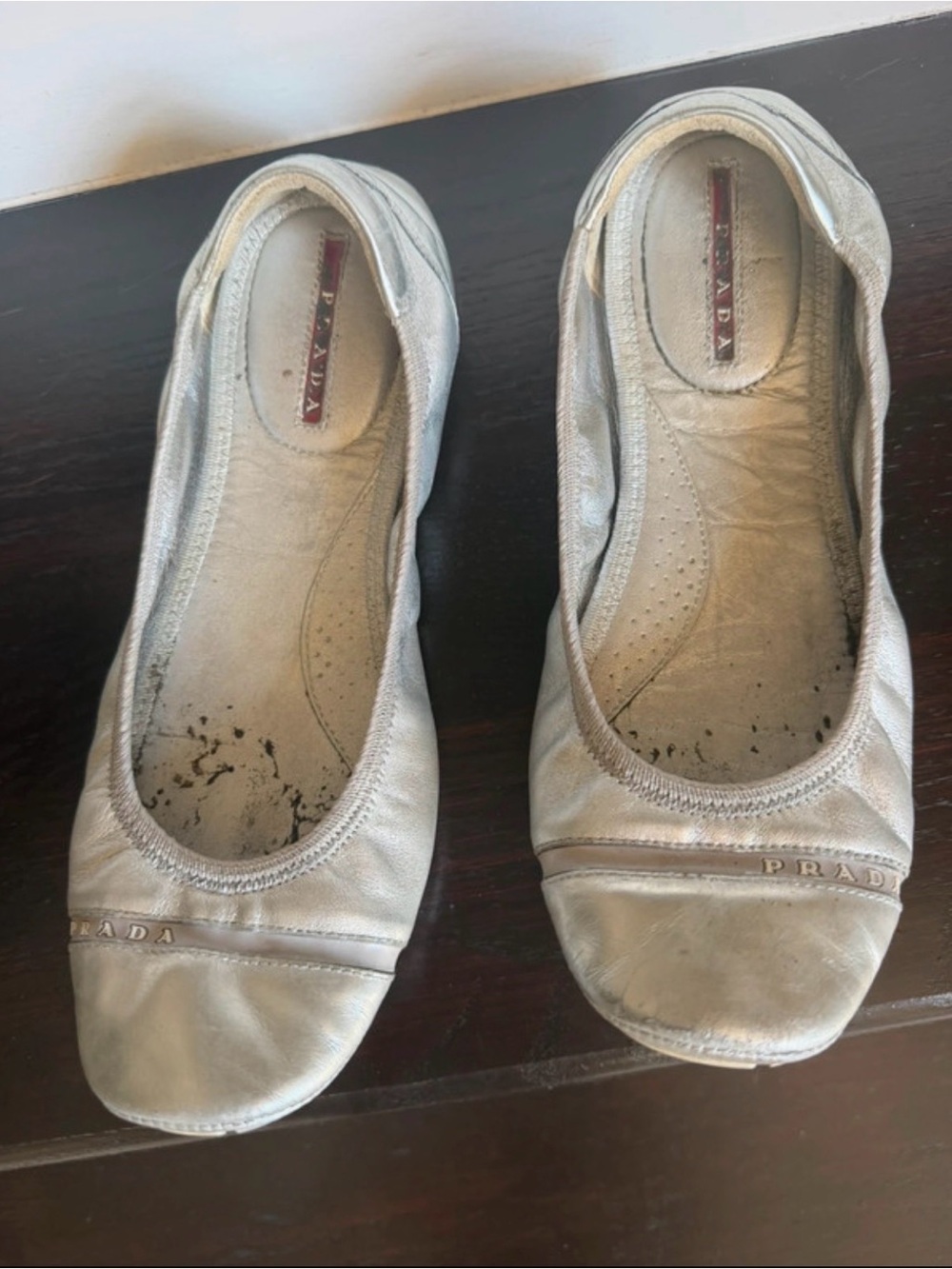 Prada Silver Leather Ballet Flats